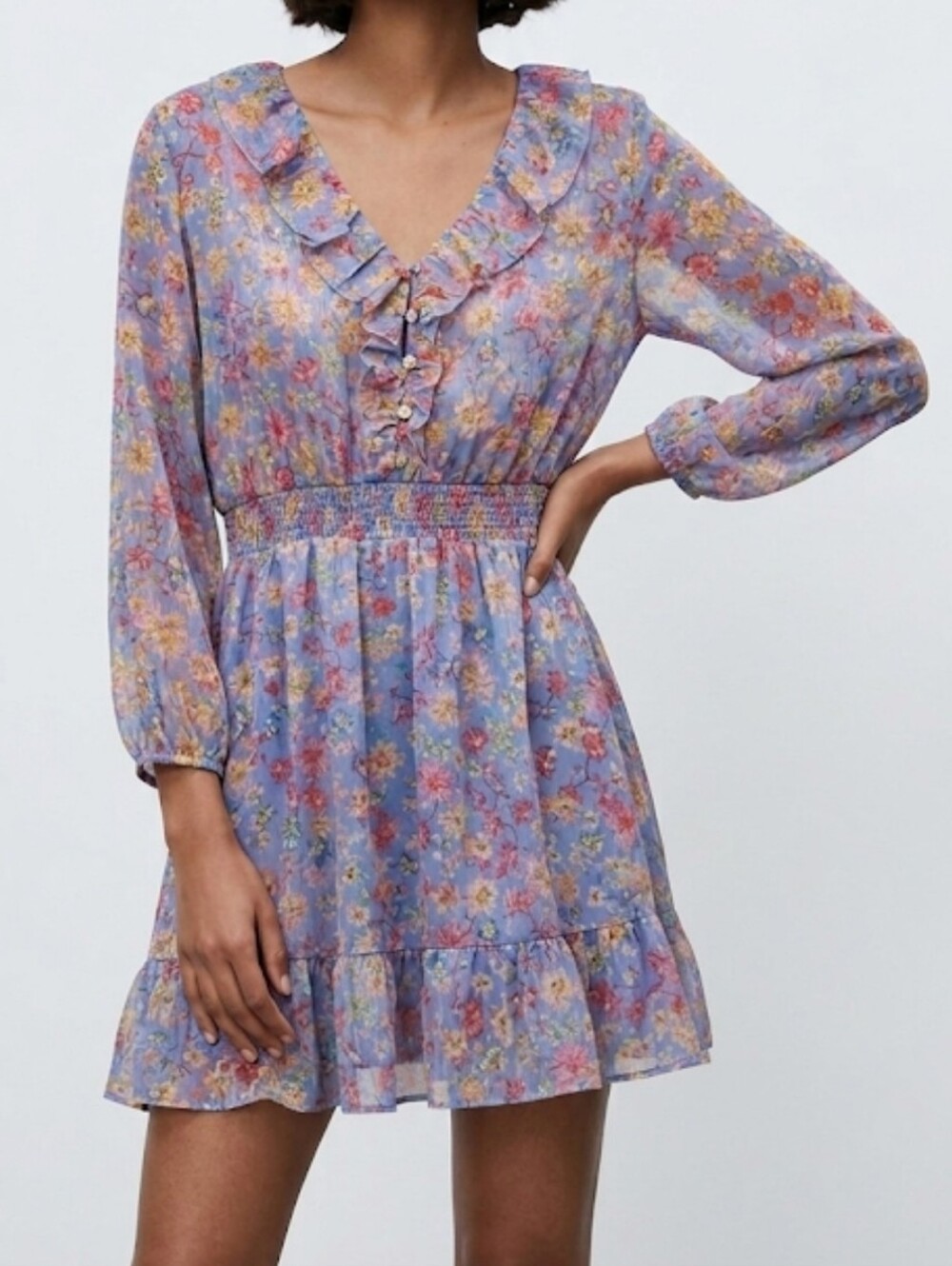 NWT Zara Floral Sheer Ruffle Collar Long Sleeve Dress Metallic Size XL